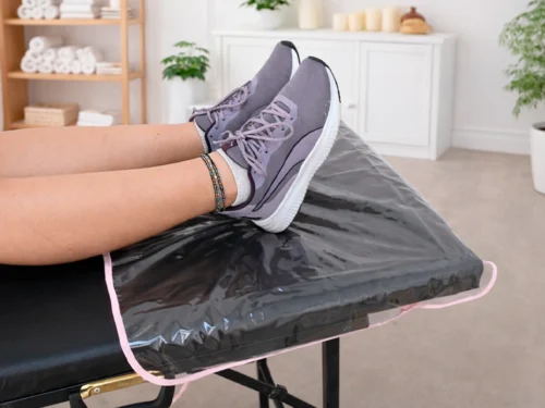 APOYA PIES PARA CAMILLA CRISTAL PVC - BORDE ROSA - 50X70