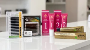 Insumos para extensiones de pestañas y cejas de marcas profesionales como Nagaraku y Neicha exhibidos en Centifolia Beauty